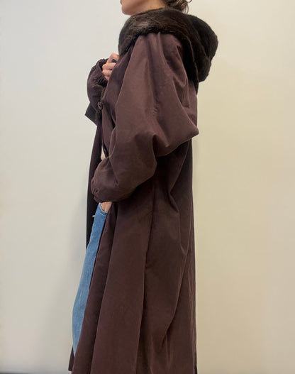 Vintage Maxi Coat with Fur Collar in Burgendy