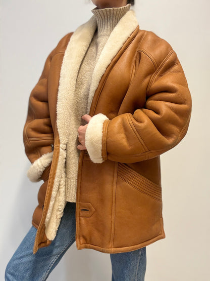 Vintage Shearling Coat in Camel Brown