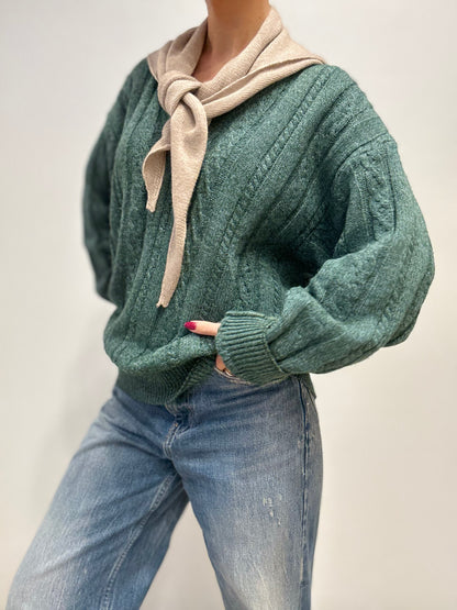 Groene Vintage Wollen Trui met V-hals