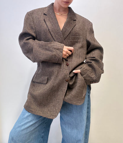 Vintage Burberry Wool Blazer in Brown Herringbone