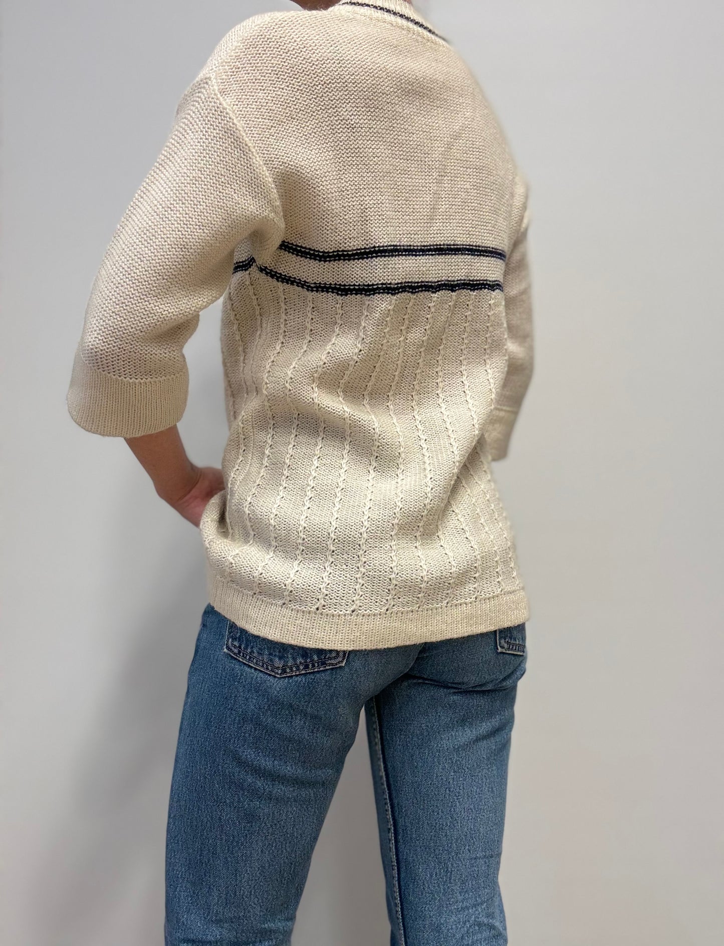 Vintage Crèmekleurig Gebreid Vest met Blauwe Strepen