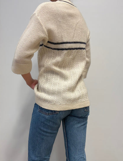 Vintage Crèmekleurig Gebreid Vest met Blauwe Strepen