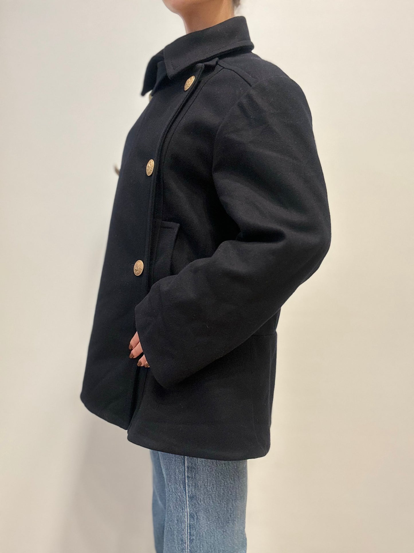 Vintage Italian Wool Peacoat with Gold Buttons in Dark Blue