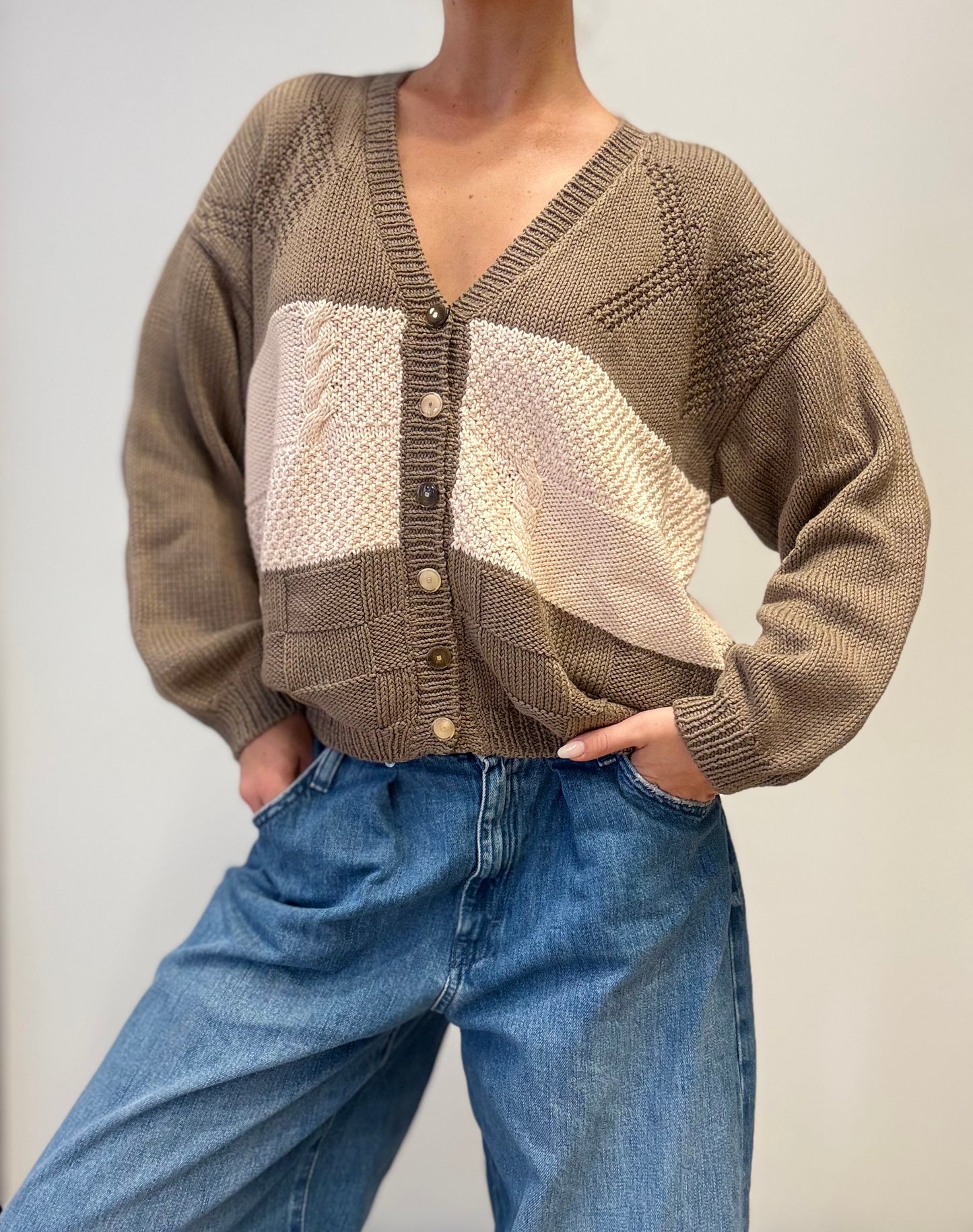 Vintage Gebreide Patchwork Cardigan in Aardetinten
