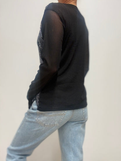 Mesh v-hals top met kralen en pailletten