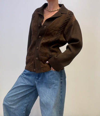 Vintage Suede & Knit Cardigan Jacket Dark Brown