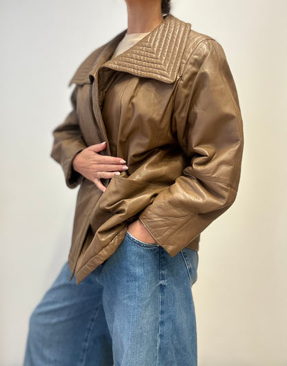 Vintage Leather Jacket with Quilted Collar in Taupe Brown