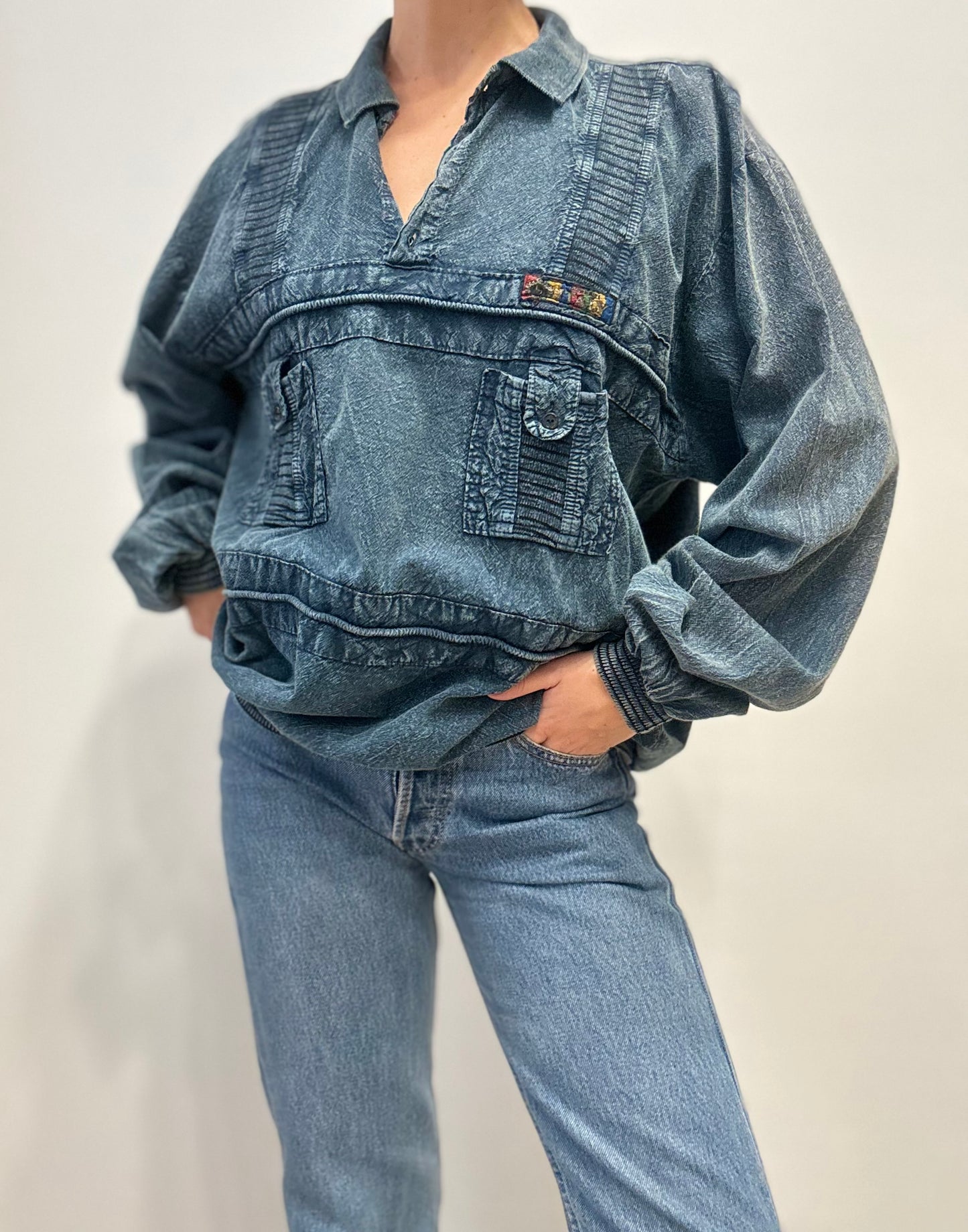 Vintage 80s Denim Look Pullover Shirt with Embroidered Detail