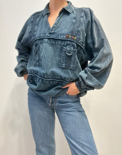 Vintage 80s Denim Look Pullover Shirt with Embroidered Detail