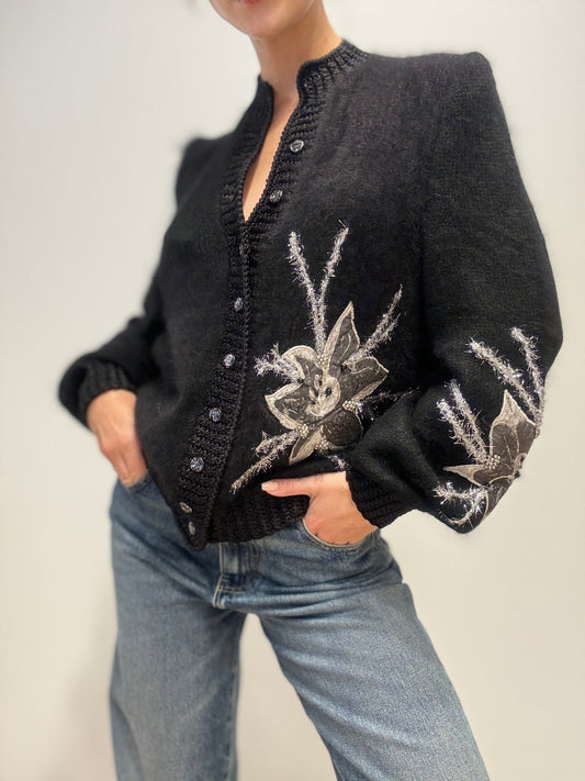 Vintage Black Embroidered Cardigan with Edelweiss Motif