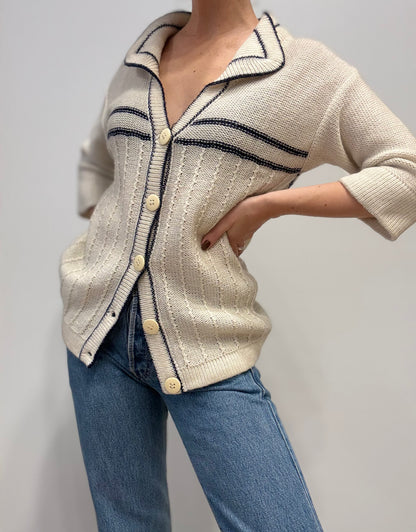 Vintage Crèmekleurig Gebreid Vest met Blauwe Strepen