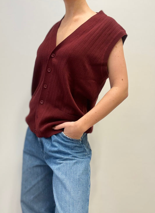 Vintage Wool Blend Buttoned Vest in Deep Burgundy