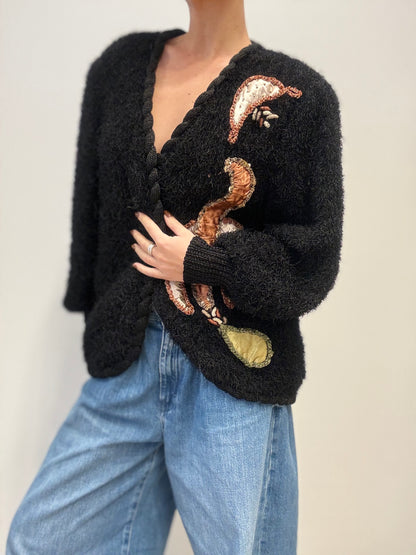 Vintage Black Textured Cardigan with Embroidered Satin Detail