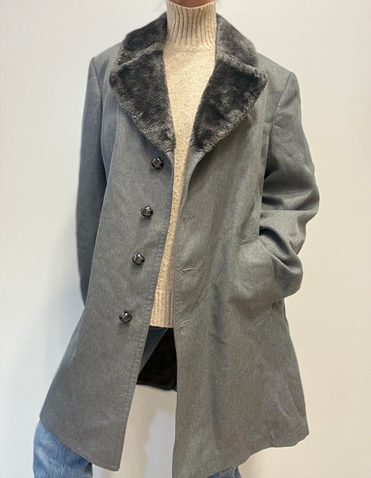 Vintage London Fog Wolmantel met Imitatiebontkraag in Antracietgrijs