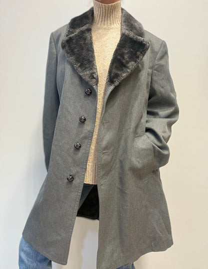 Vintage London Fog Wolmantel met Imitatiebontkraag in Antracietgrijs