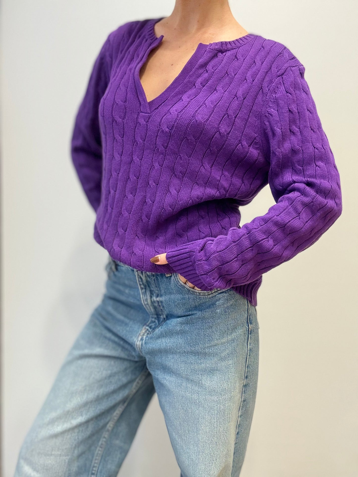 Ralph Lauren Paarse Kabeltrui met V-Hals