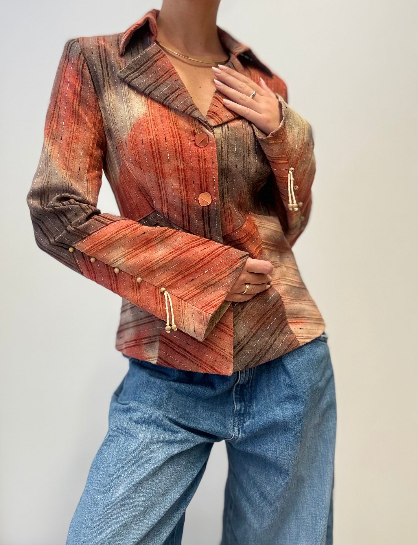 Vintage Getailleerde Blazer met Aardetinten in Streeppatroon