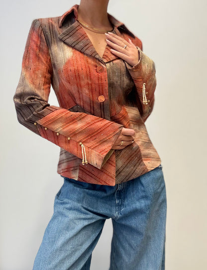 Vintage Getailleerde Blazer met Aardetinten in Streeppatroon