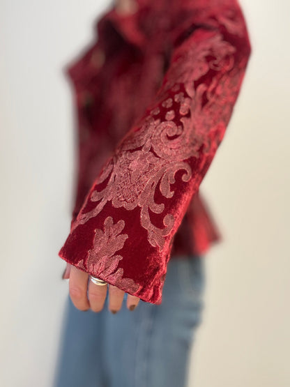 Vintage Fluwelen Brokaat Blazer in Dieprood