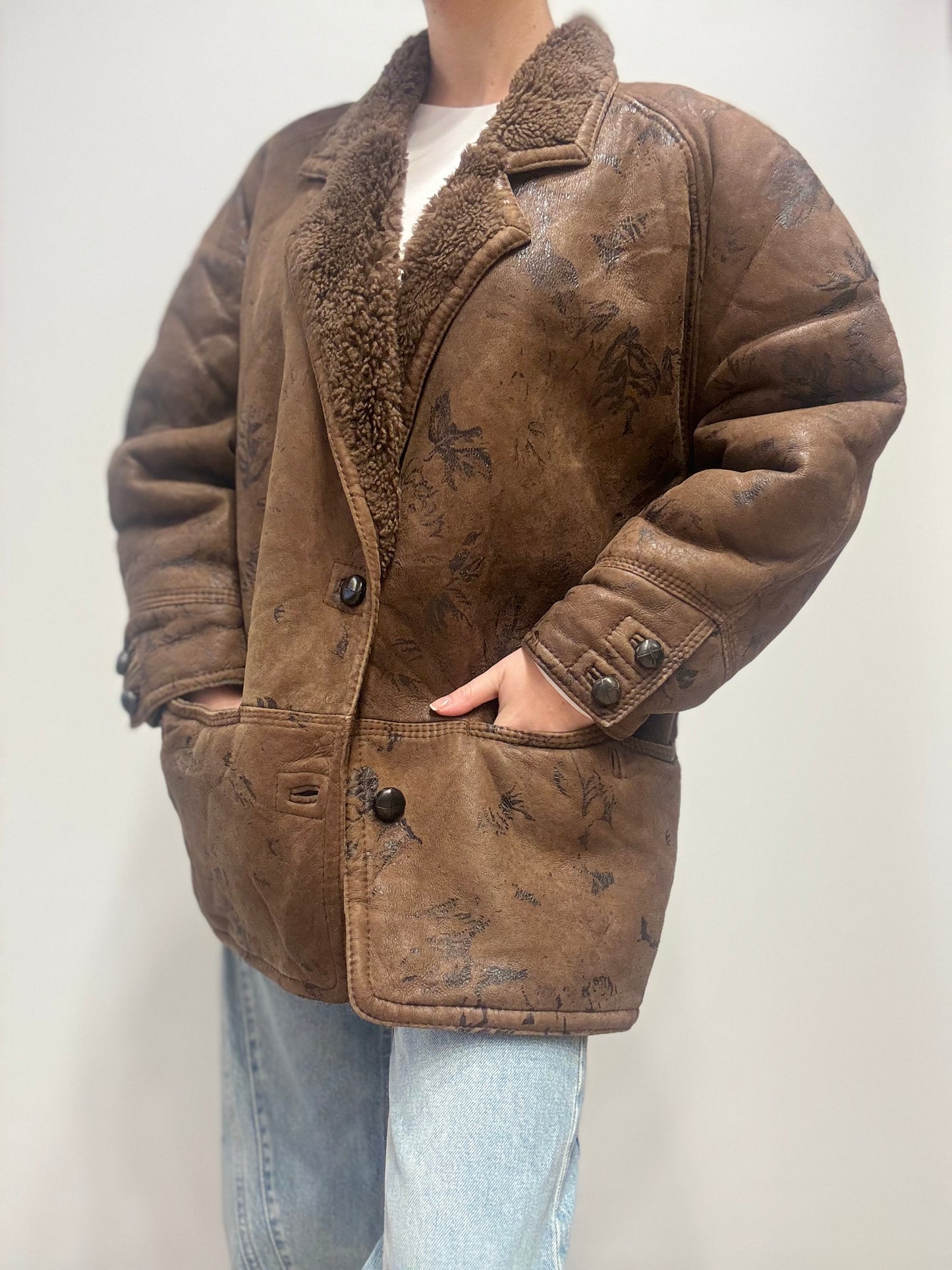 Vintage shearling jas met bloemenprint - chocoladebruin