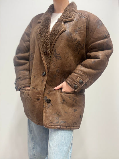 Vintage shearling jas met bloemenprint - chocoladebruin