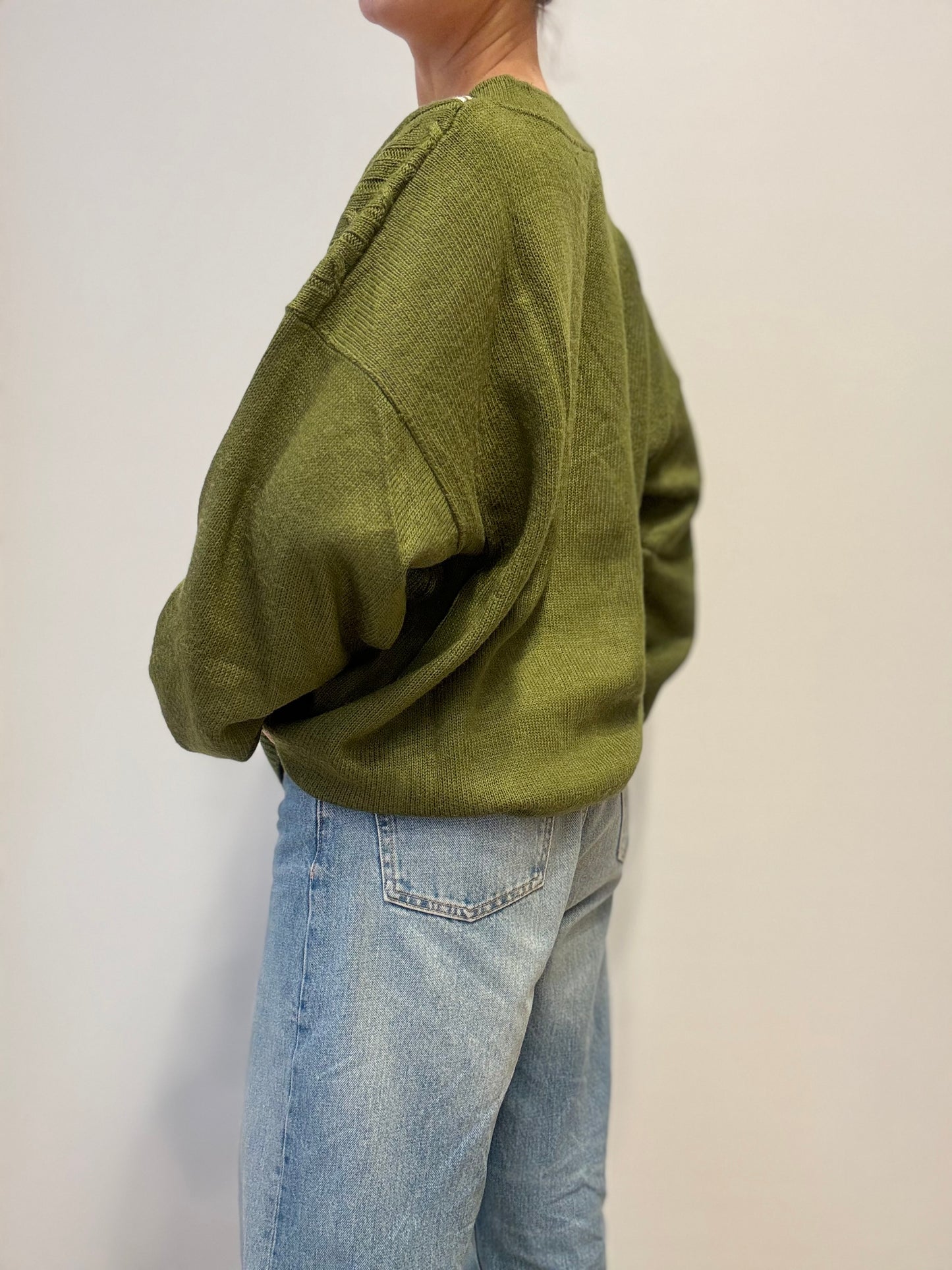 Vintage Olijfgroene Kabeltrui Cardigan met Ruitdetail