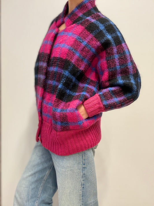 Vintage Geruite Cardigan in Fuchsia, Zwart en Blauw