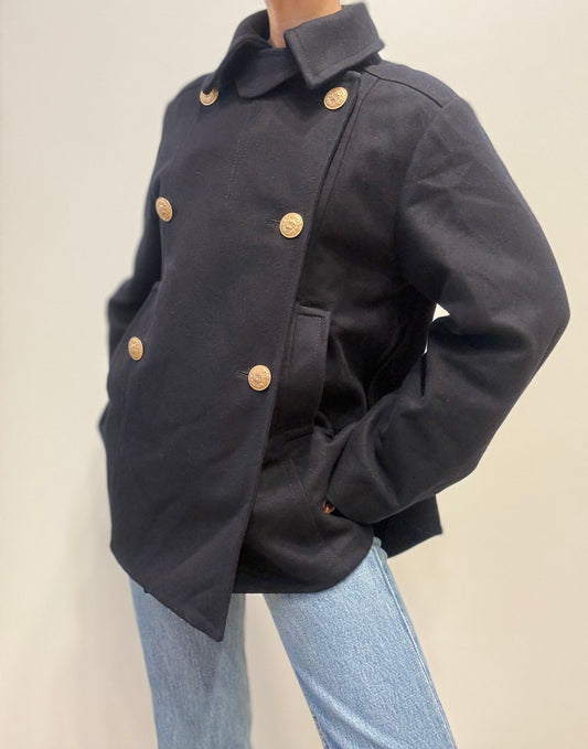 Vintage Italian Wool Peacoat with Gold Buttons in Dark Blue