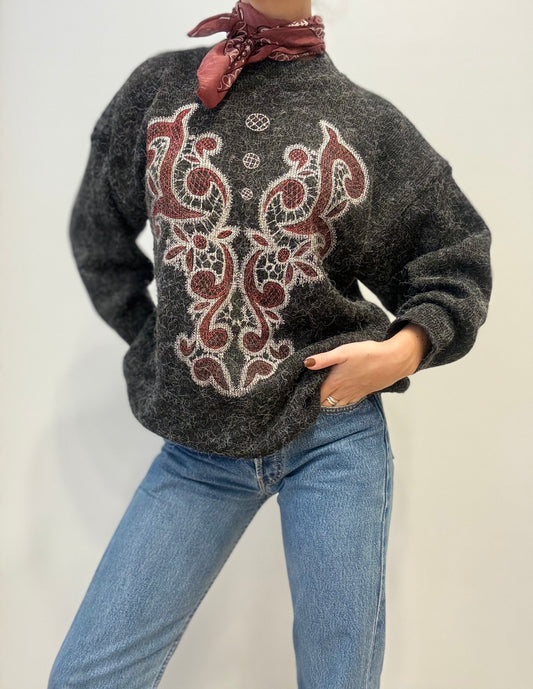 Vintage Embroidered Sweater in Charcoal