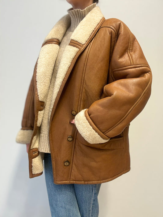 Vintage Shearling Lammy Coat in Camel Brown
