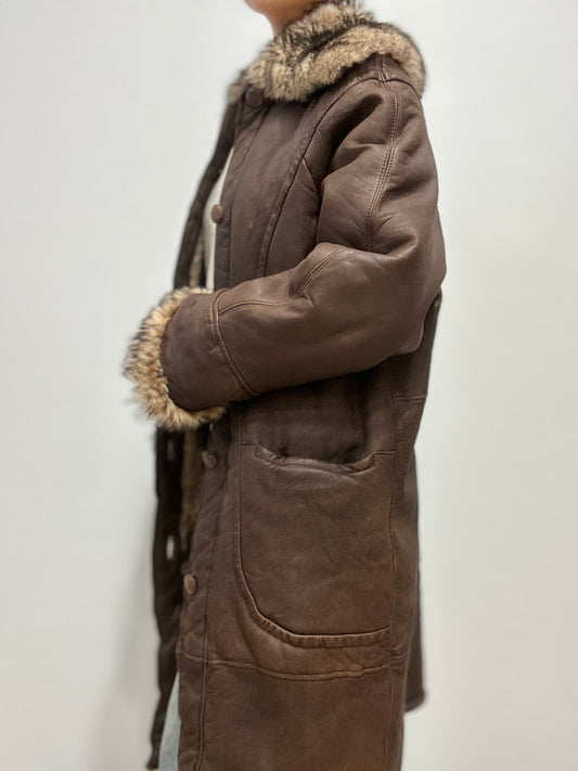 Lange donkerbruine shearling jas • Echt leder & fur