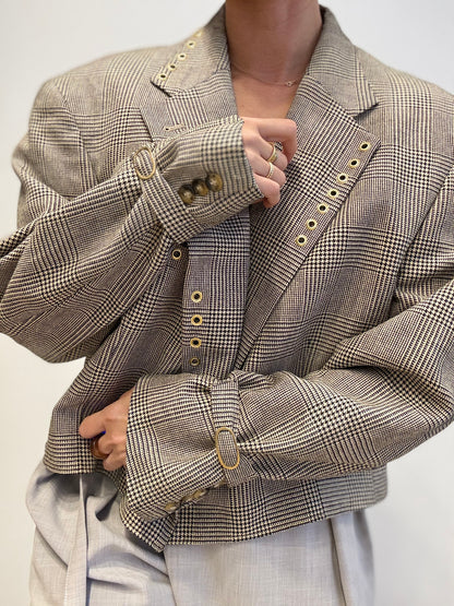 Checked Cropped Blazer with Gold Eyelets – Upcycled by Yenvi Studio