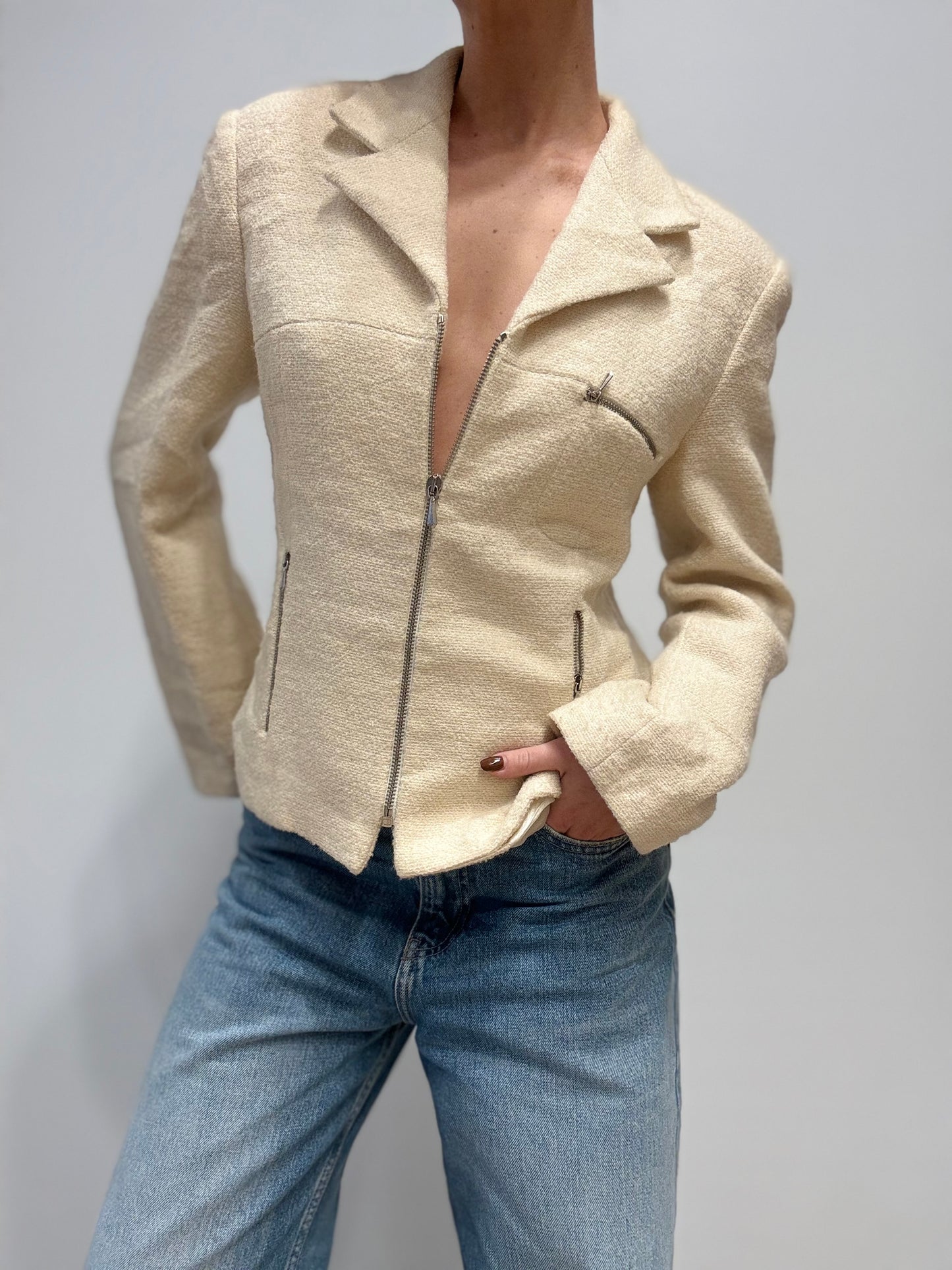 Vintage Crèmekleurig Wollen Jasje met Ritsdetails