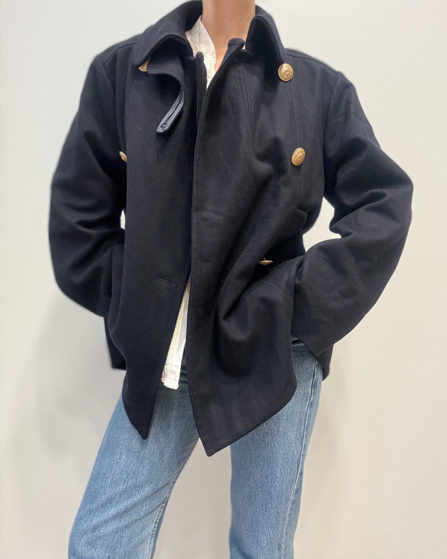 Vintage Italian Wool Peacoat with Gold Buttons in Dark Blue