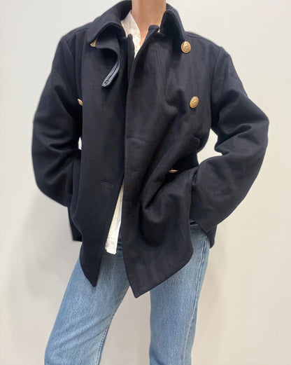 Vintage Italian Wool Peacoat with Gold Buttons in Dark Blue