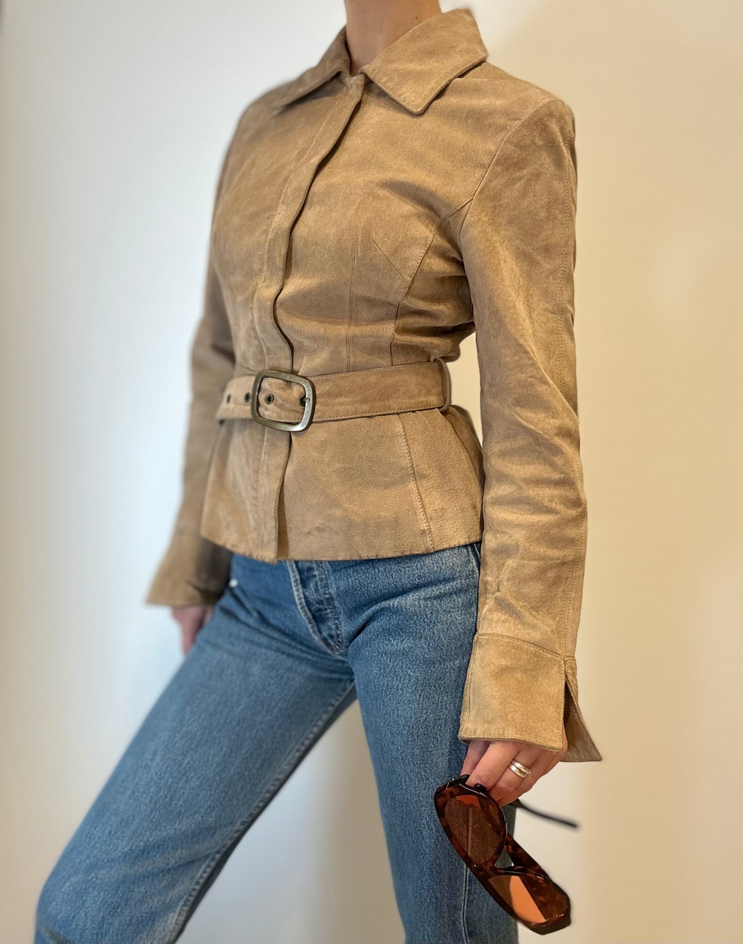 Vintage Suède Jas met Tailleceintuur in Zandkleur