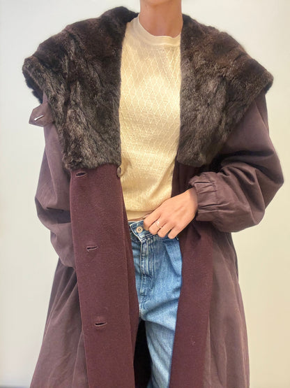 Vintage Maxi Coat with Fur Collar in Burgendy