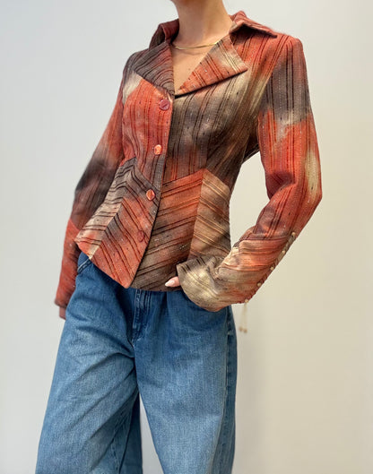 Vintage Getailleerde Blazer met Aardetinten in Streeppatroon