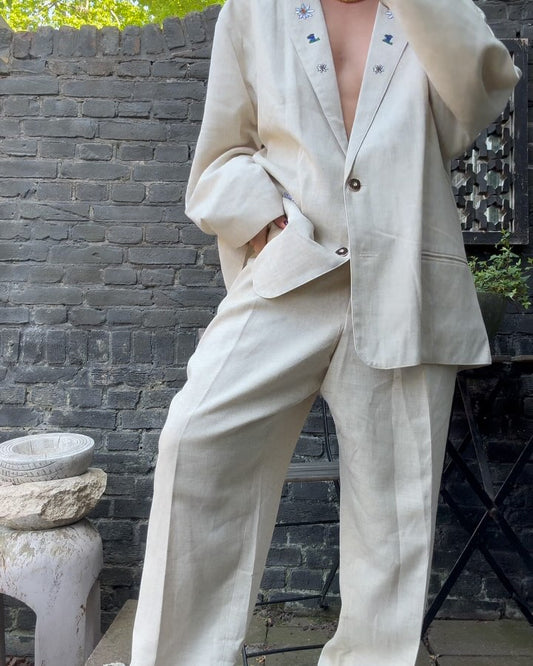 Embroidered Neutral Linen Suit – Vintage Two-Piece Set Size