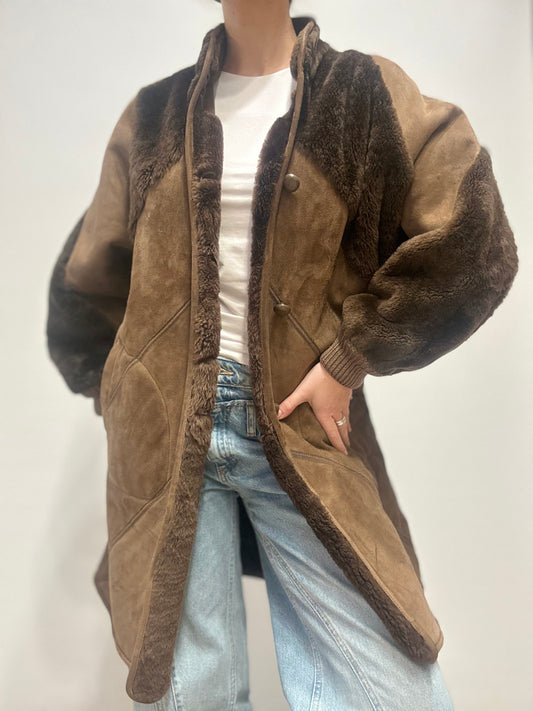 Vintage lammy midi jas met leer en shearling - Bruin