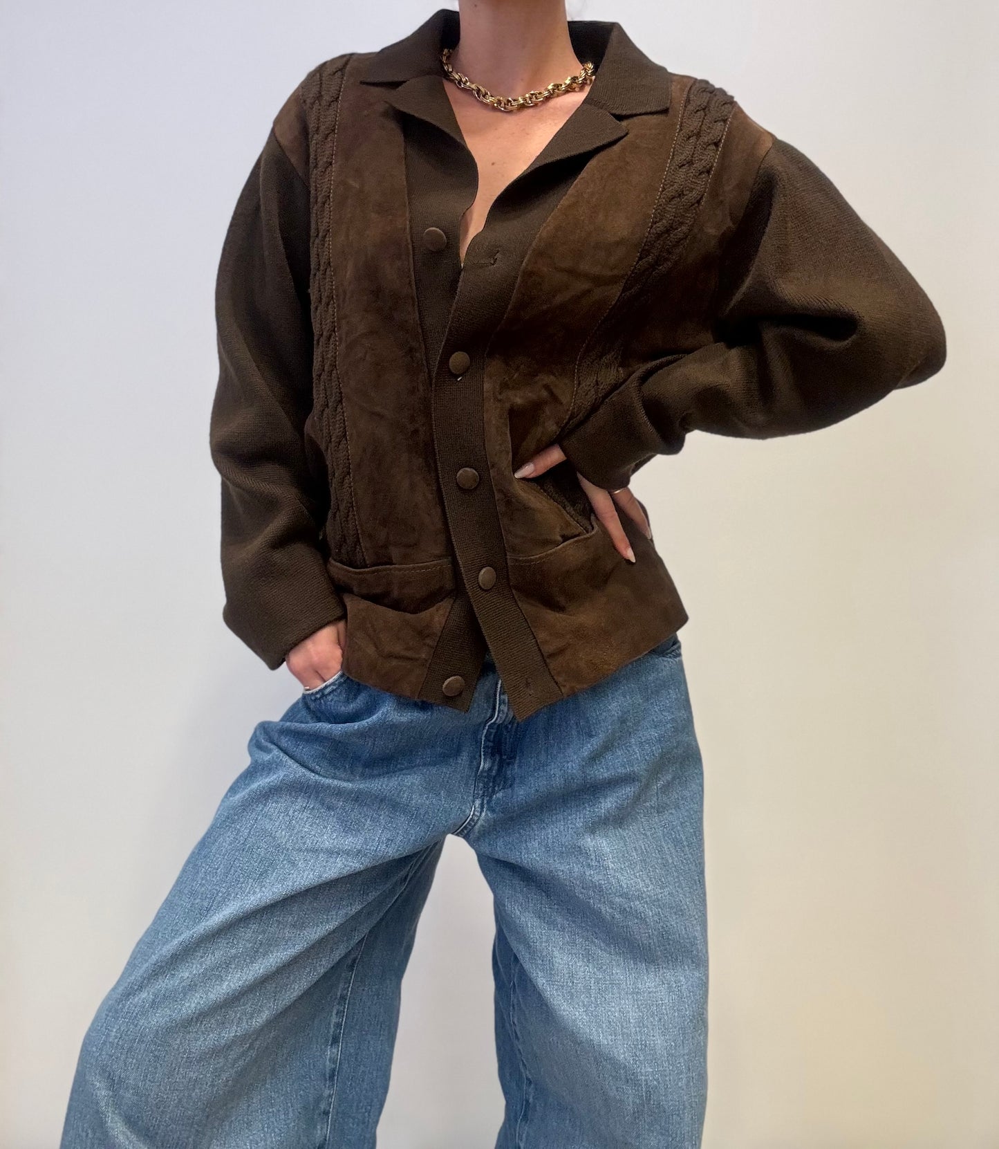 Vintage Suede & Knit Cardigan Jacket Dark Brown