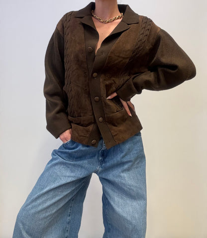 Vintage Suede & Knit Cardigan Jacket Dark Brown