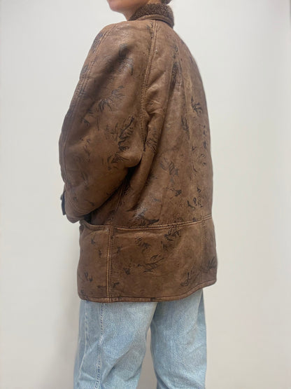Vintage shearling jas met bloemenprint - chocoladebruin
