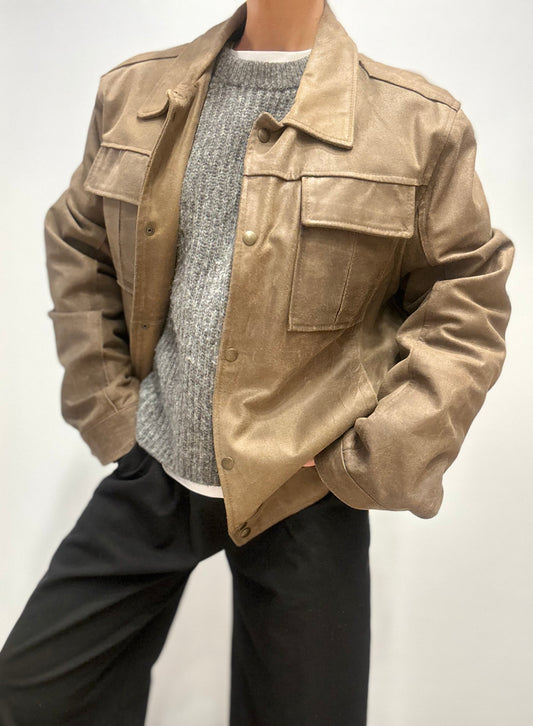 Vintage taupebruine leren utility jas