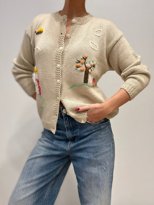 Vintage Gebreid Vest met Handgeborduurde Details