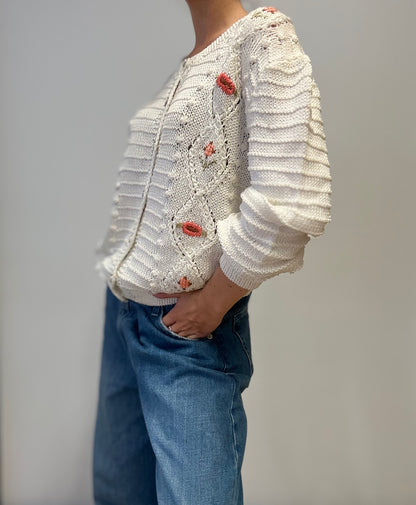 Vintage Italiaans Handgebreid Katoenen Vest met Geborduurde Bloemen