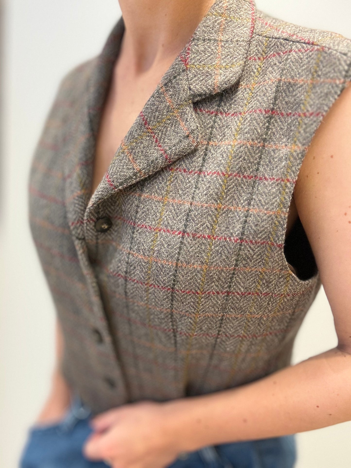 Max Mara Vintage Wool Waistcoat in Checked Tweed