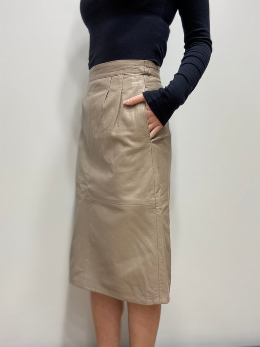 Vintage leren midi rok in beige grijs