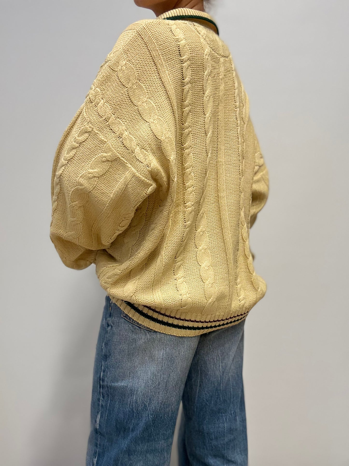 Vintage Kabelgebreide Polo Trui in Crème met Groene Details