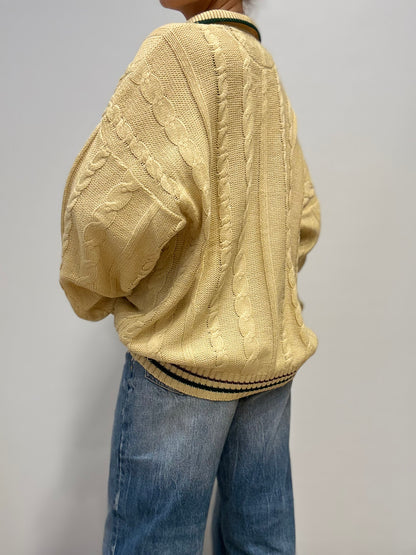 Vintage Kabelgebreide Polo Trui in Crème met Groene Details